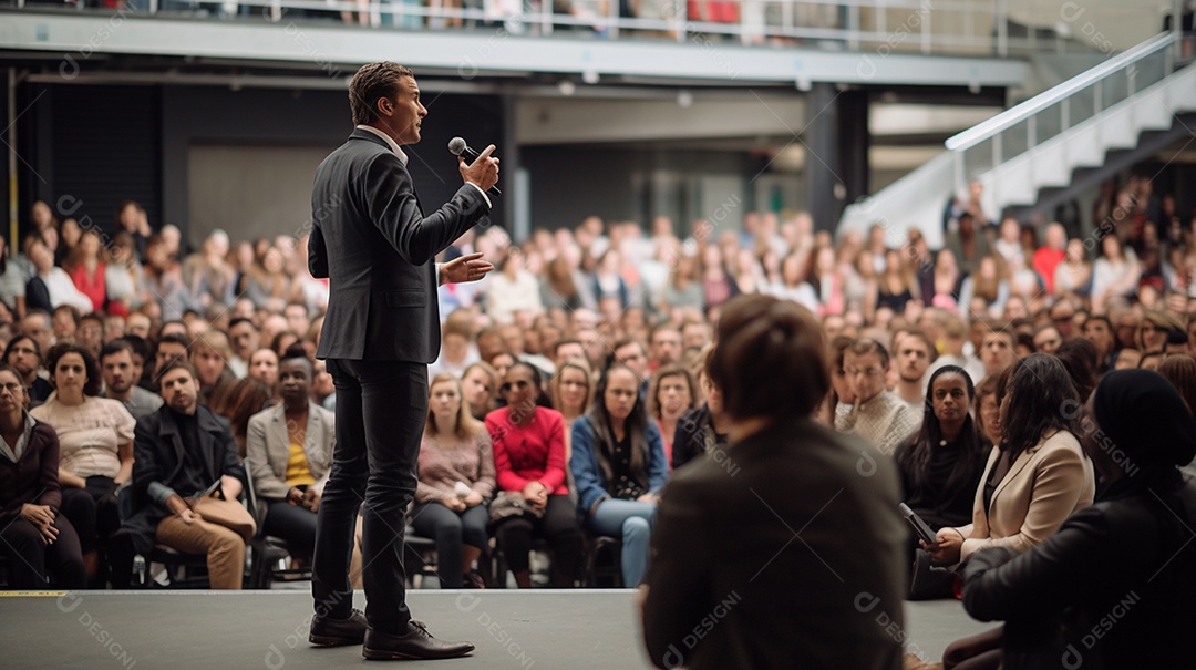 Plano geral de um homem fazendo um discurso no palco durante uma sessão de fotos