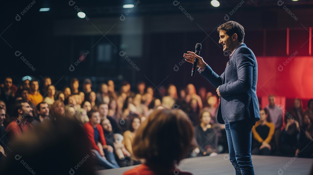 Plano geral de um homem fazendo um discurso no palco durante uma sessão de fotos
