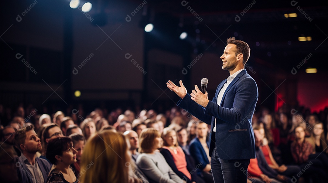 Plano geral de um homem fazendo um discurso no palco durante uma sessão de fotos
