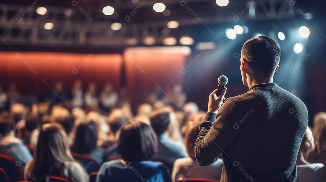 Plano geral de um homem fazendo um discurso no palco durante uma sessão de fotos