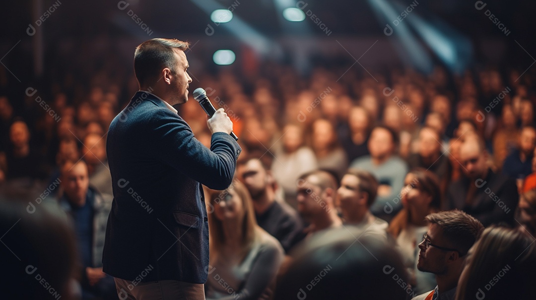 Plano geral de um homem fazendo um discurso no palco durante uma sessão de fotos