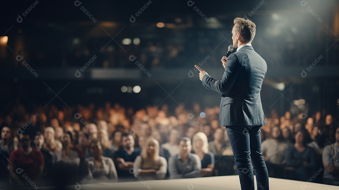 Plano geral de um homem fazendo um discurso no palco durante uma sessão de fotos