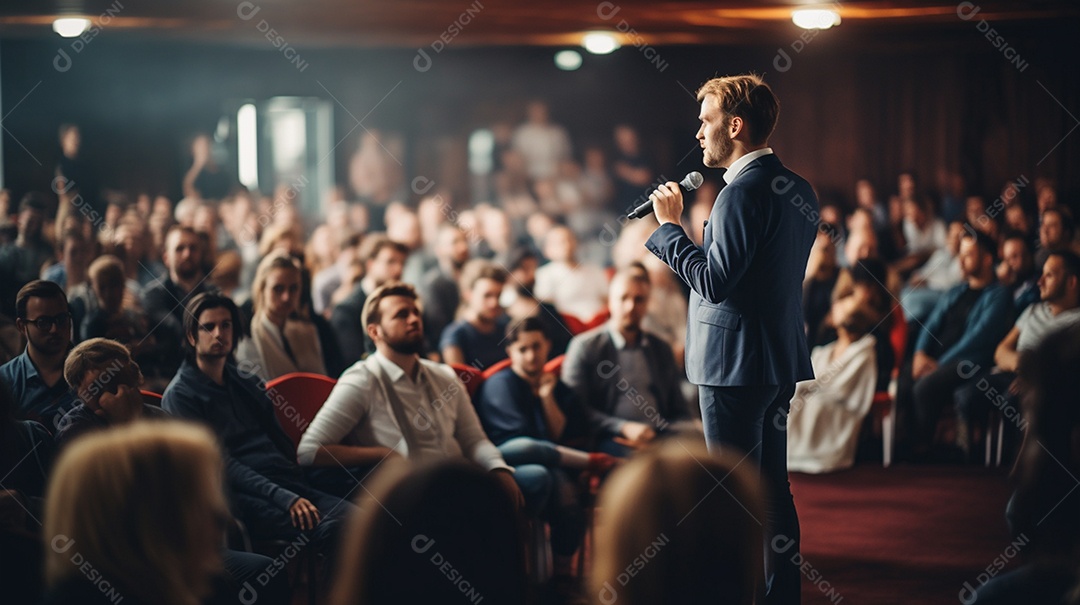 Plano geral de um homem fazendo um discurso no palco durante uma sessão de fotos
