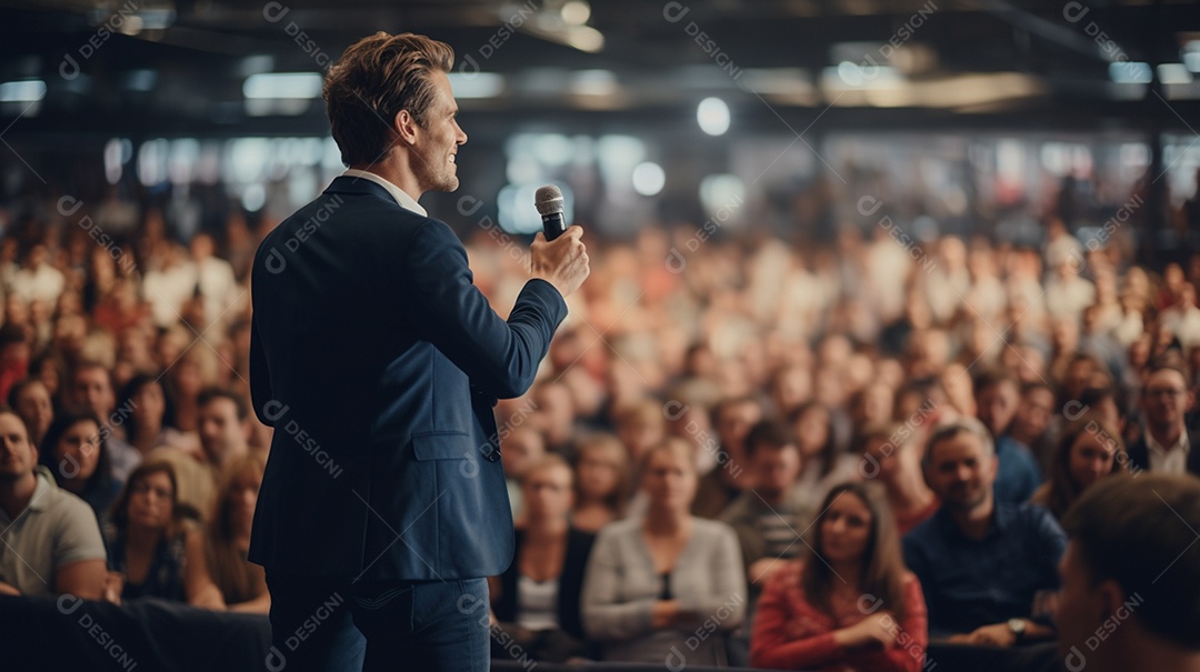 Plano geral de um homem fazendo um discurso no palco durante uma sessão de fotos