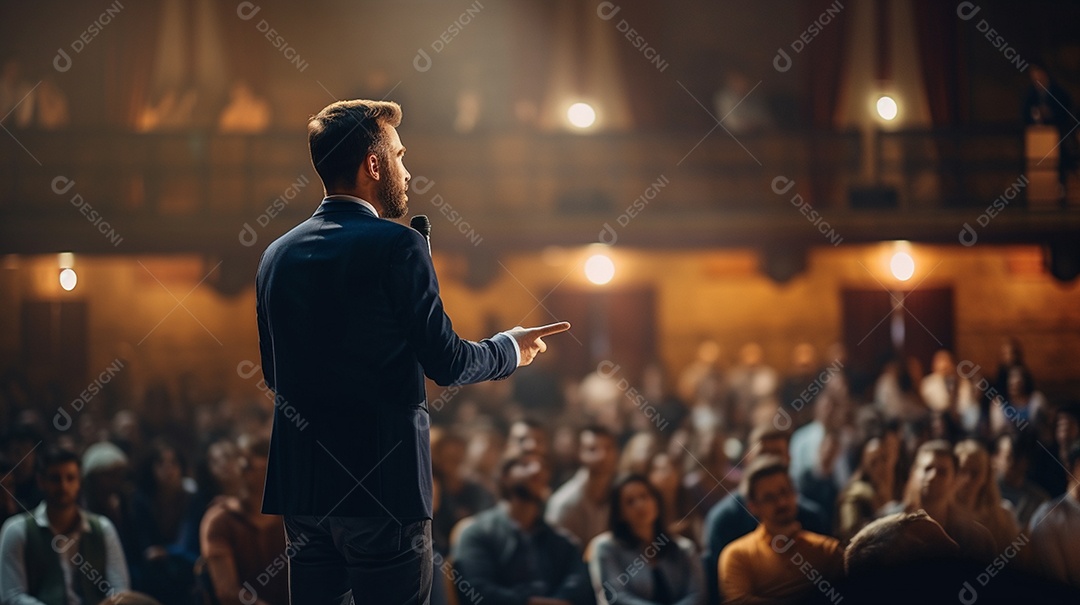 Plano geral de um homem fazendo um discurso no palco durante uma sessão de fotos