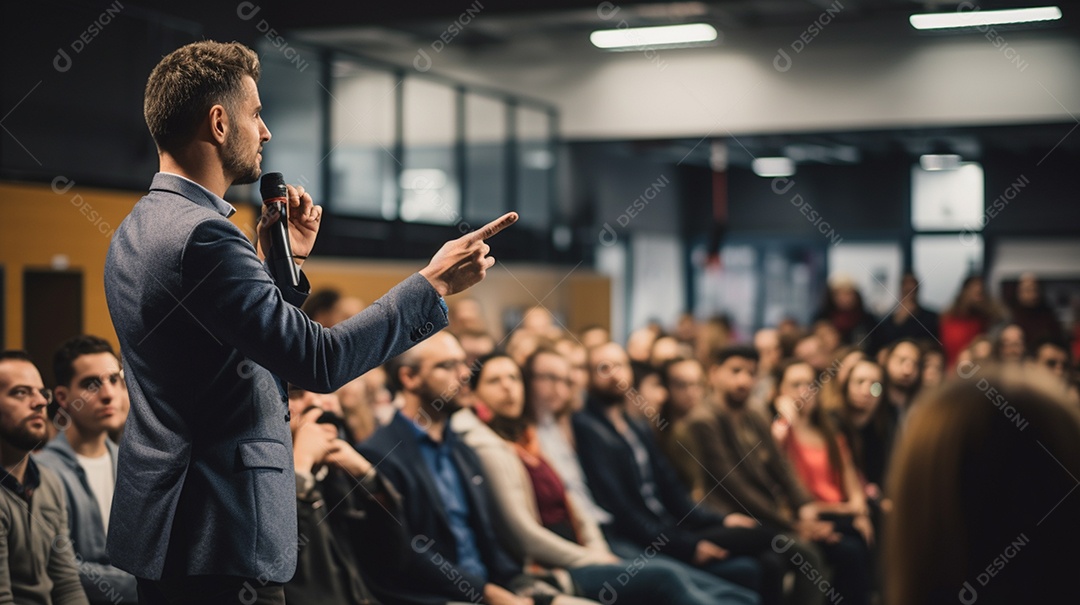 Plano geral de um homem fazendo um discurso no palco durante uma sessão de fotos