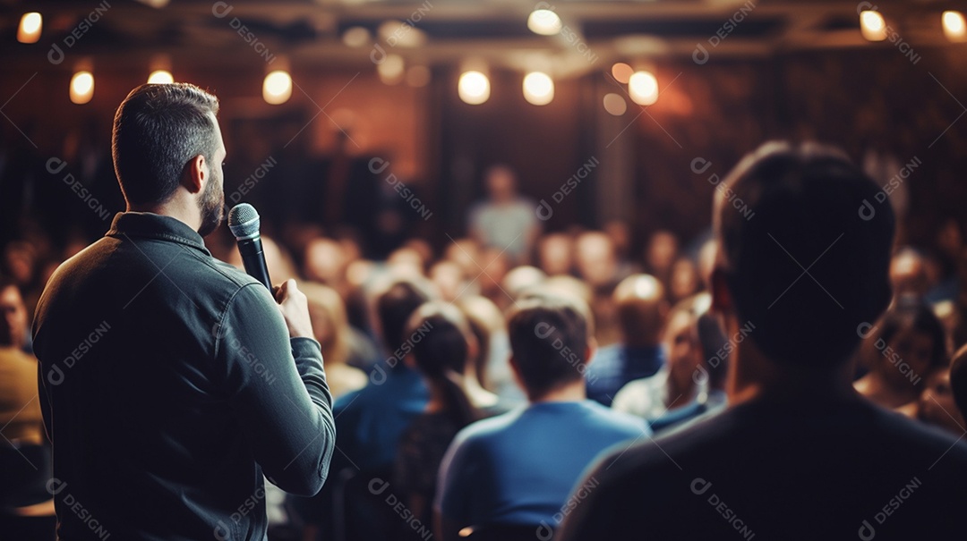 Plano geral de um homem fazendo um discurso no palco durante uma sessão de fotos
