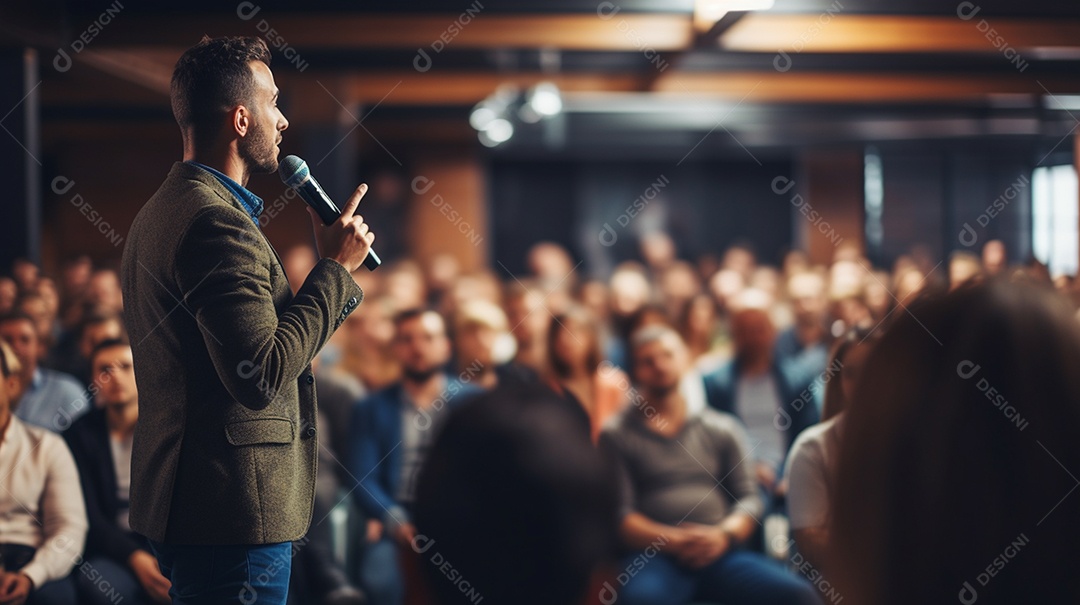 Plano geral de um homem fazendo um discurso no palco durante uma sessão de fotos