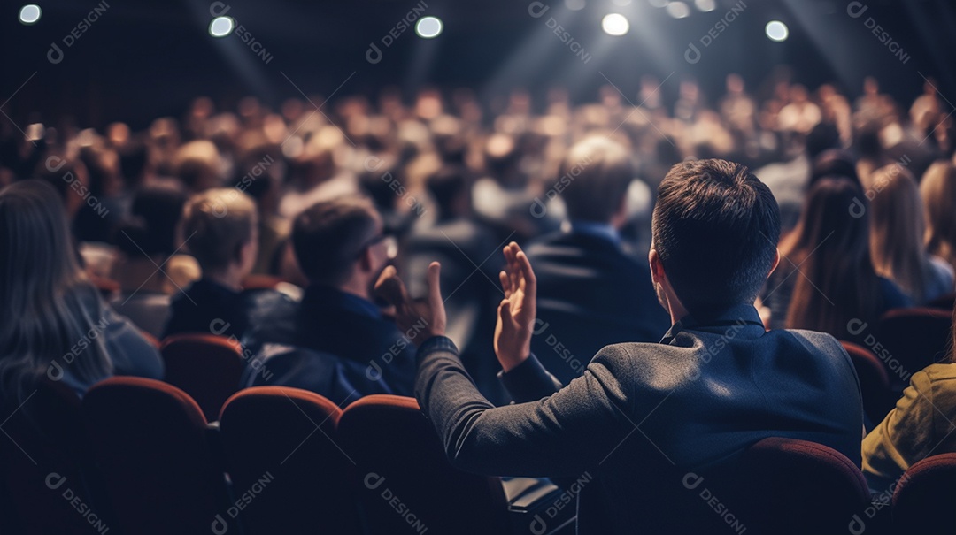 Plano geral de um homem fazendo um discurso no palco durante uma sessão de fotos