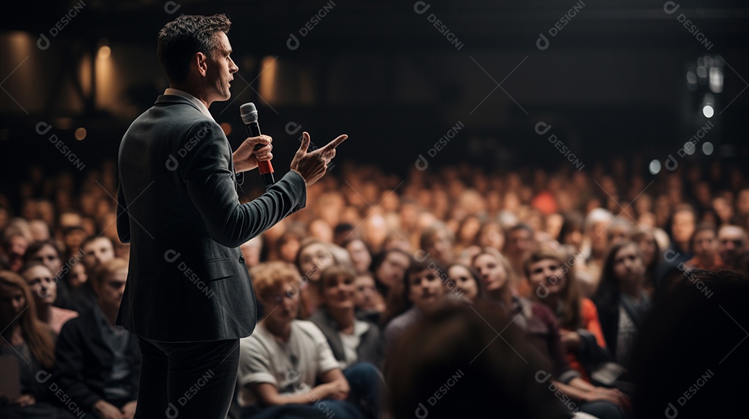 Plano geral de um homem fazendo um discurso no palco durante uma sessão de fotos