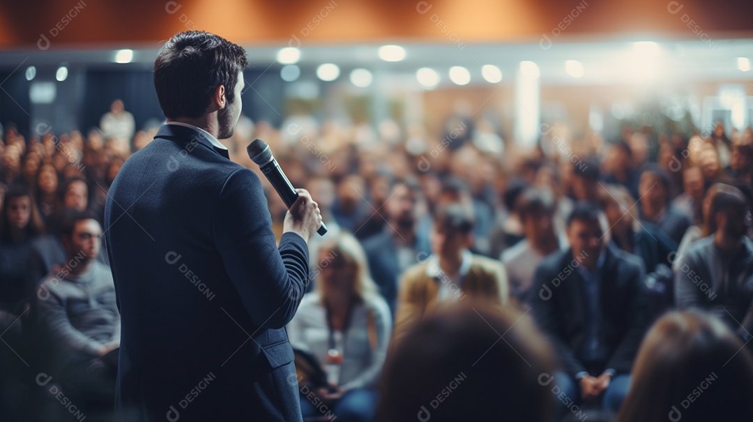 Plano geral de um homem fazendo um discurso no palco durante uma sessão de fotos