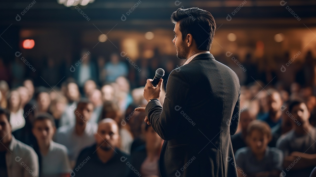 Plano geral de um homem fazendo um discurso no palco durante uma sessão de fotos