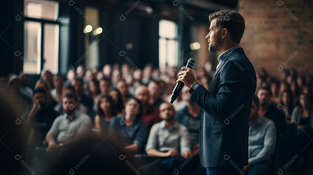 Plano geral de um homem fazendo um discurso no palco durante uma sessão de fotos