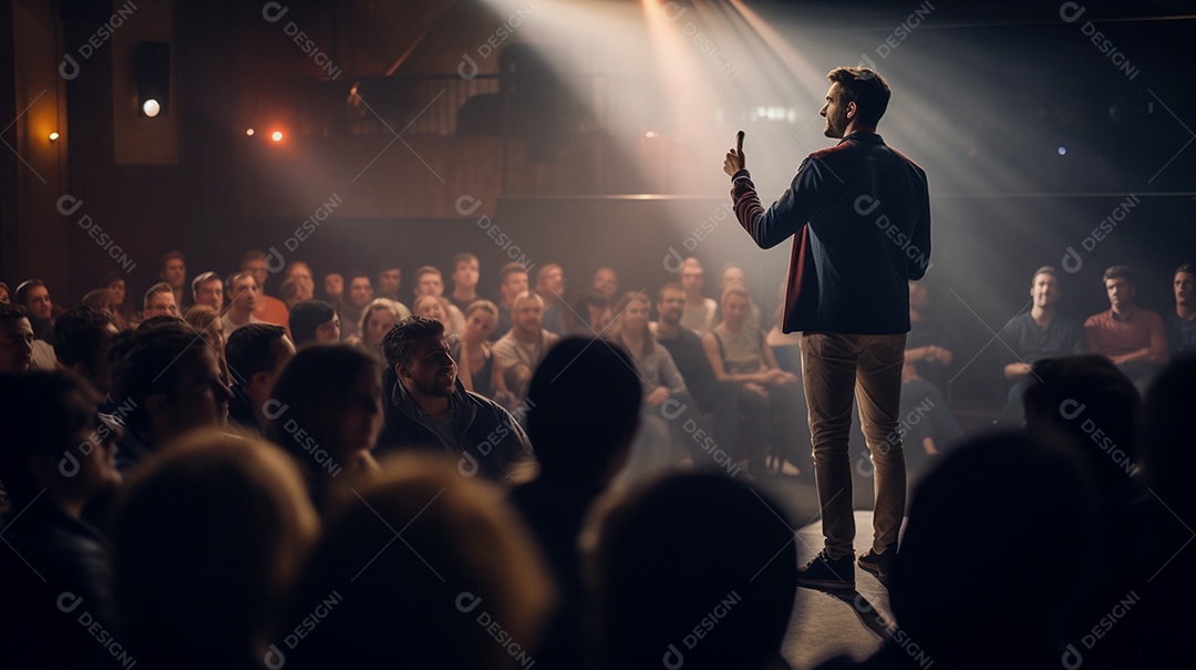 Plano geral de um homem fazendo um discurso no palco durante uma sessão de fotos