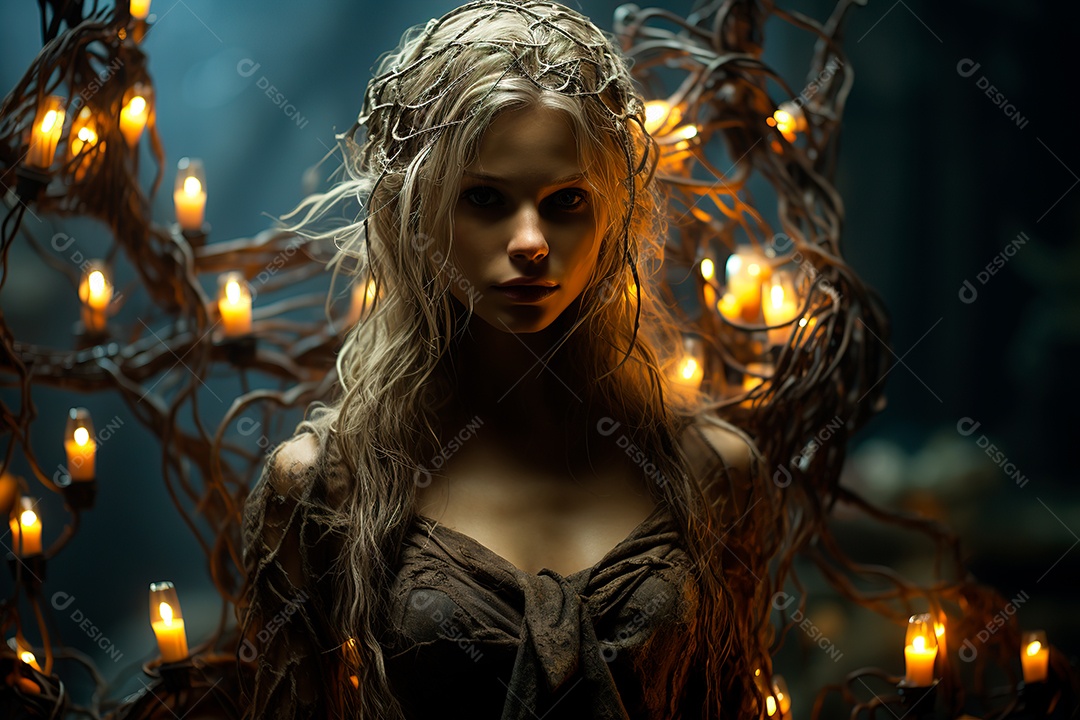 Bruxa, envolta em névoa, emerge de um denso nevoeiro