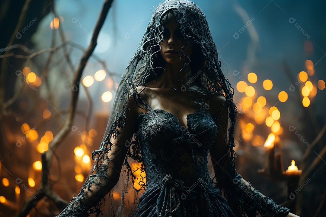 Bruxa, envolta em névoa, emerge de um denso nevoeiro