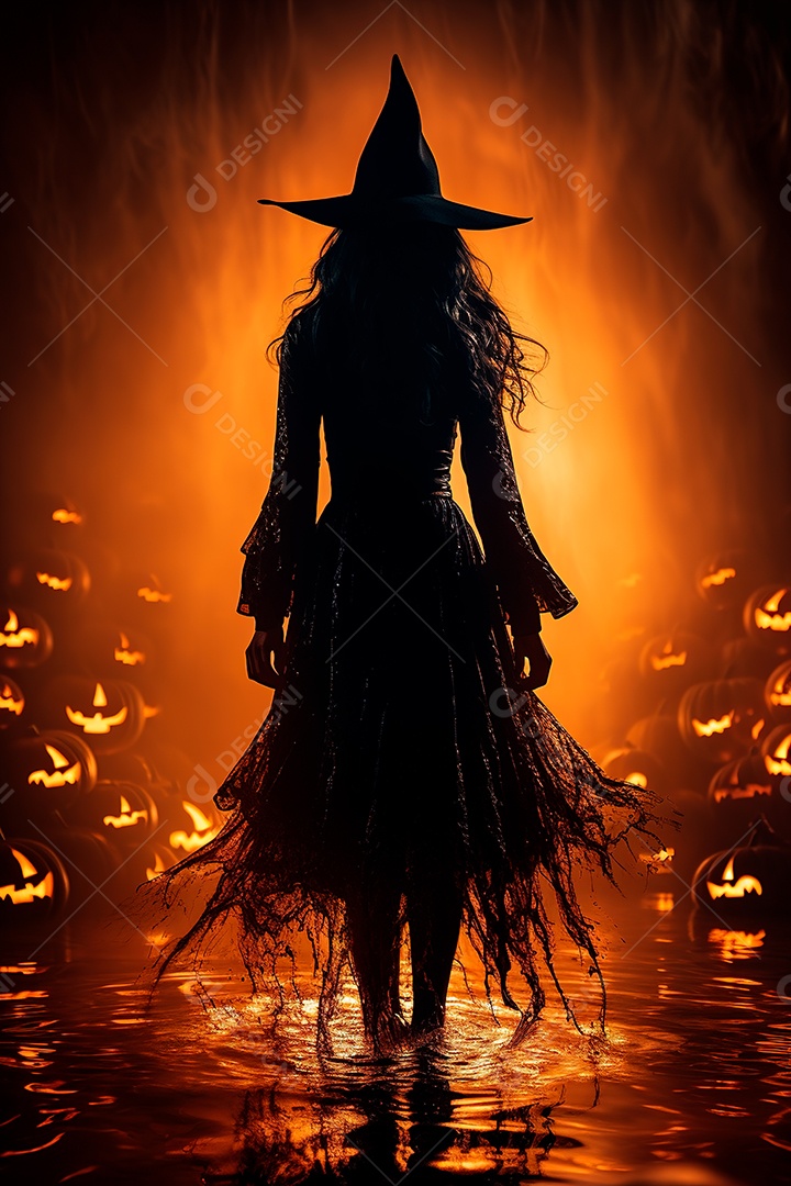 Foto de uma bruxa, envolta em névoa, emerge de um denso nevoeiro