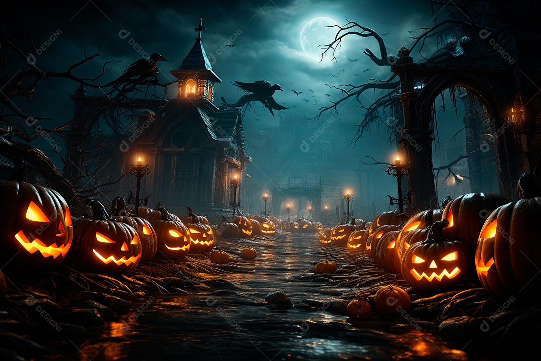 Um fundo de Halloween envolto em névoa espessa, onde misteriosas abóboras com rostos aterrorizantes