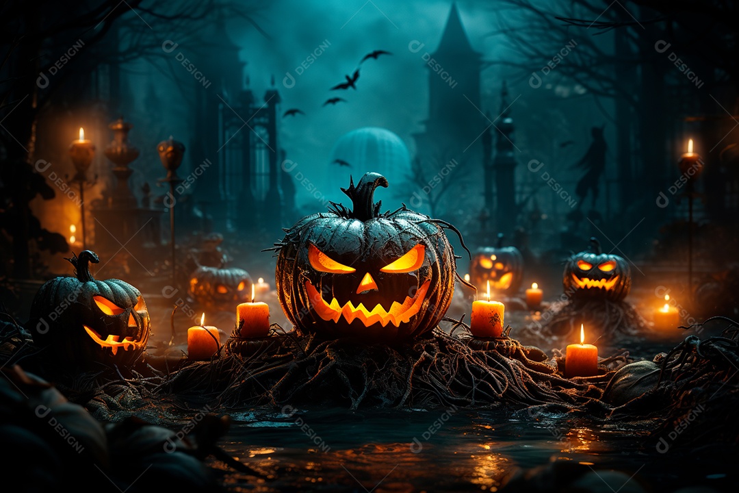 Um fundo de Halloween envolto em névoa espessa, onde misteriosas abóboras com rostos aterrorizantes