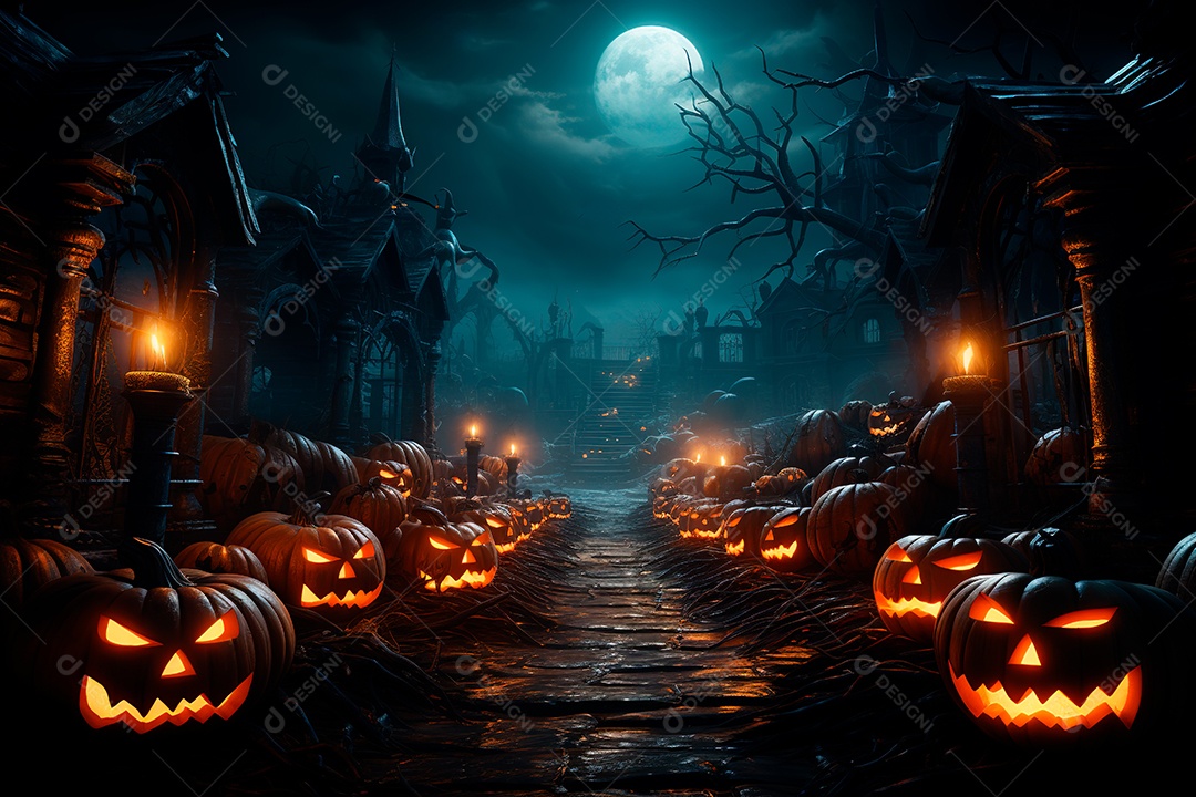 Um fundo de Halloween envolto em névoa espessa, onde misteriosas abóboras com rostos aterrorizantes