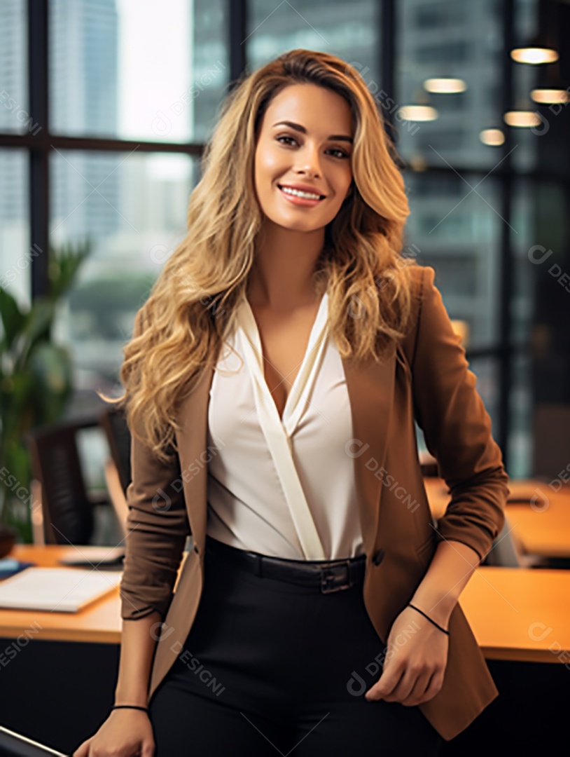 Uma linda empresária de sucesso sob um escritório