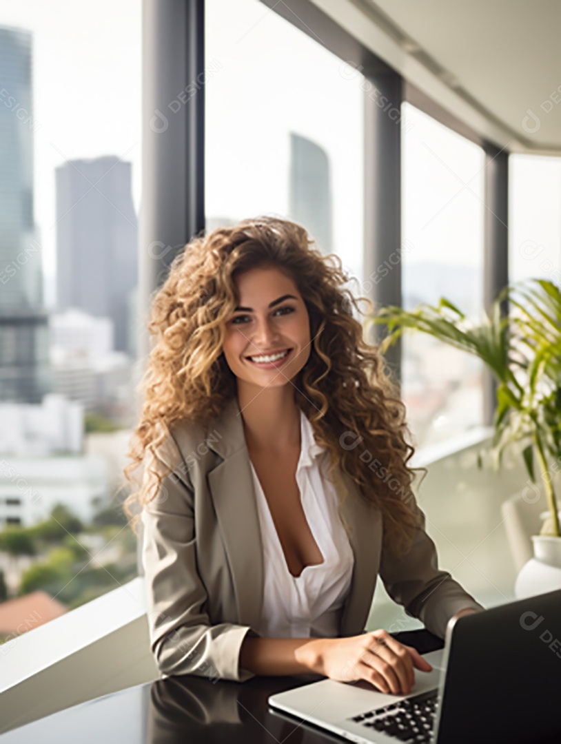 Uma linda empresária de sucesso sob um escritório