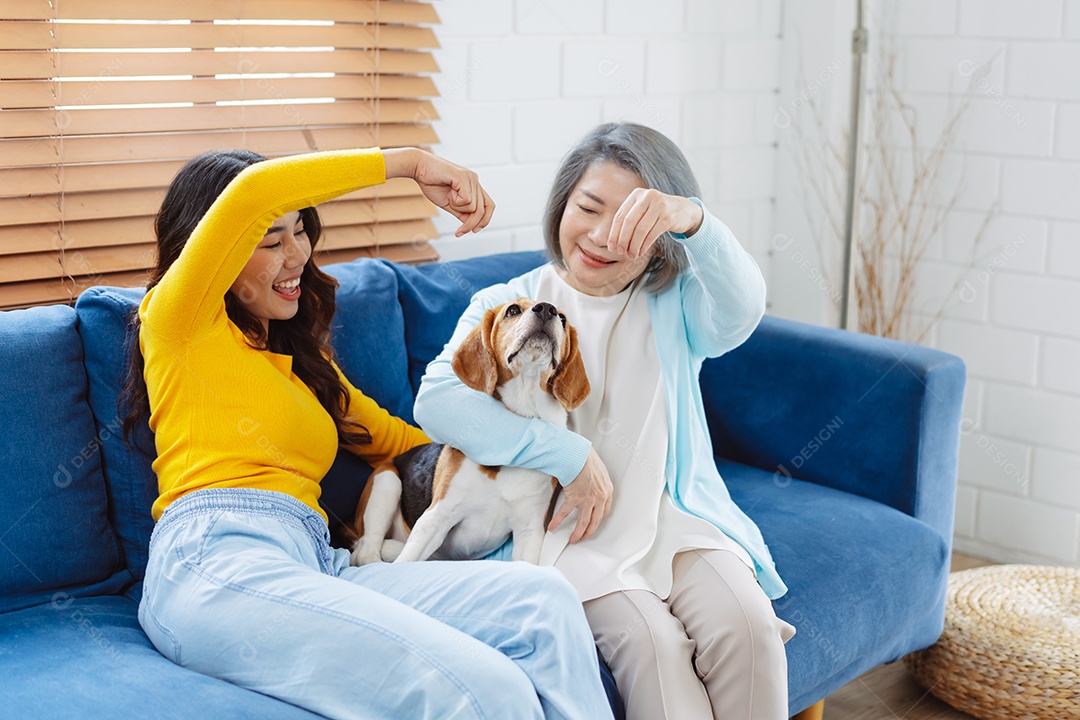 Mulher asiática sênior desfrutando de seu animal de estimação em casa