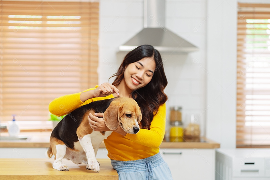 Mulher asiática feliz desfrutando de seu cão de estimação em casa