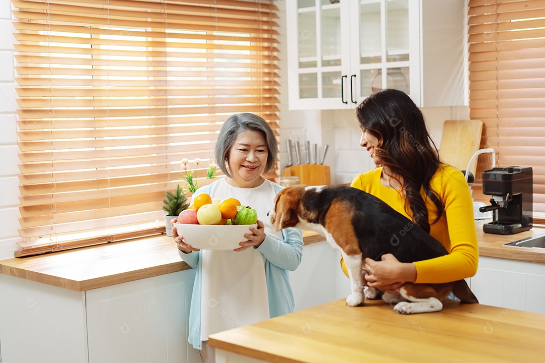 Mulher asiática sênior e filha desfrutando de seu animal de estimação em casa