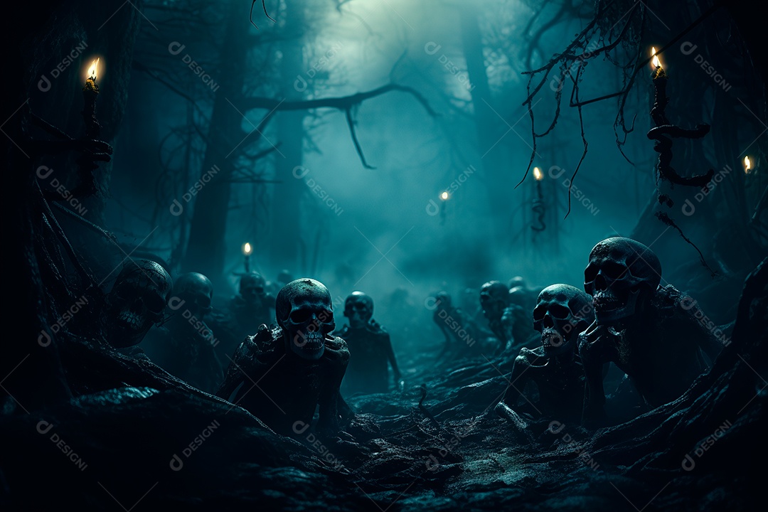 Uma noite escura e envolta em crânios de névoa espessa e densa com olhos brilhantes e hipnotizantes