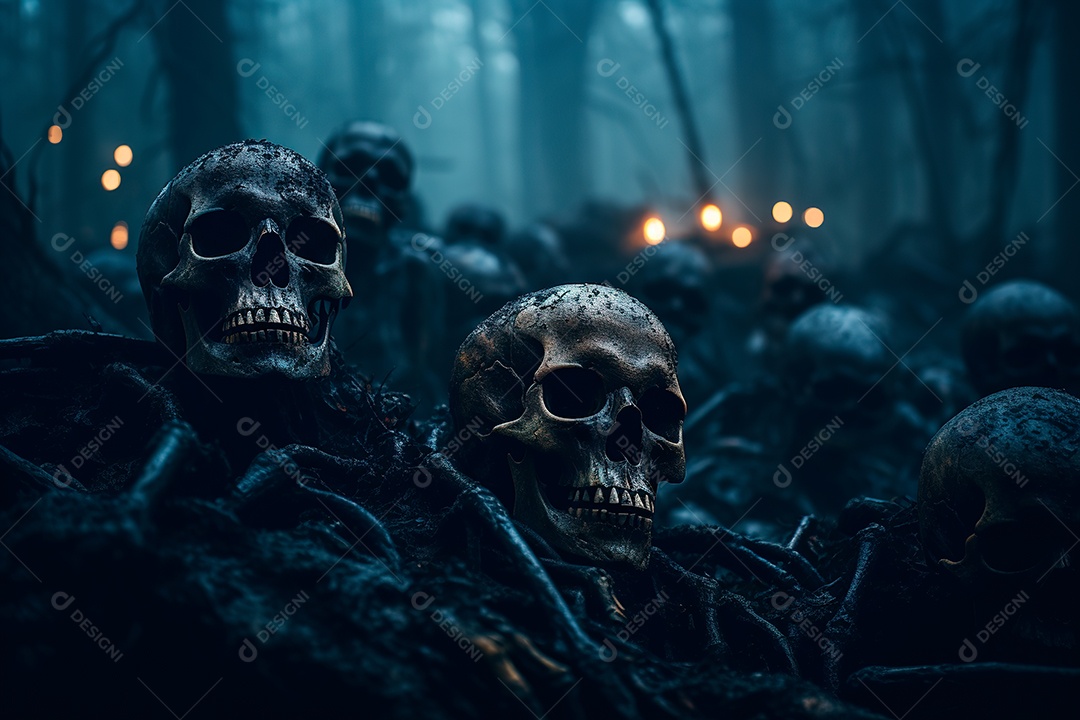 Uma noite escura e envolta em crânios de névoa espessa e densa com olhos brilhantes e hipnotizantes