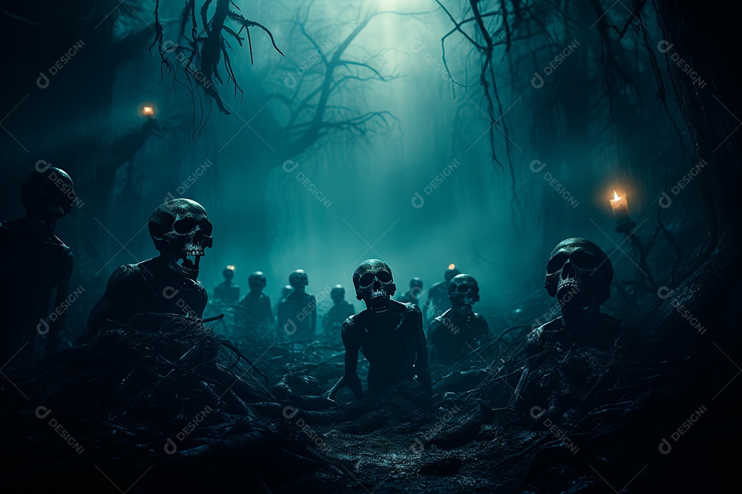 Uma noite escura e envolta em crânios de névoa espessa e densa com olhos brilhantes e hipnotizantes