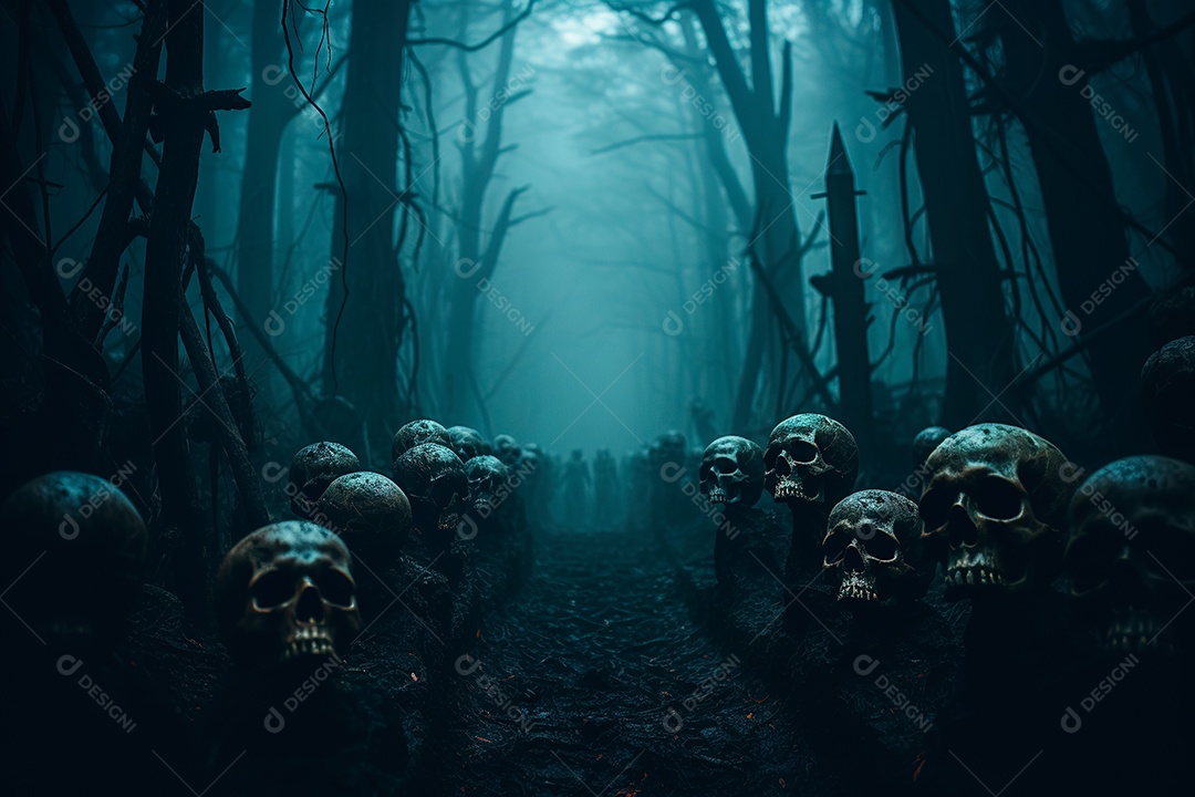 Uma noite escura e envolta em crânios de névoa espessa e densa com olhos brilhantes e hipnotizantes