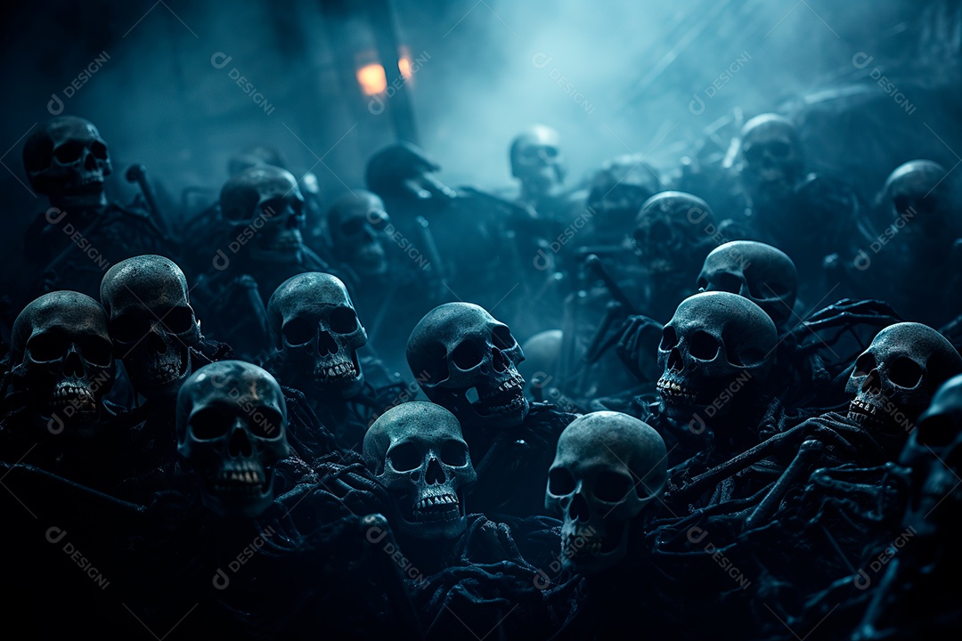 Uma noite escura e envolta em crânios de névoa espessa e densa com olhos brilhantes e hipnotizantes