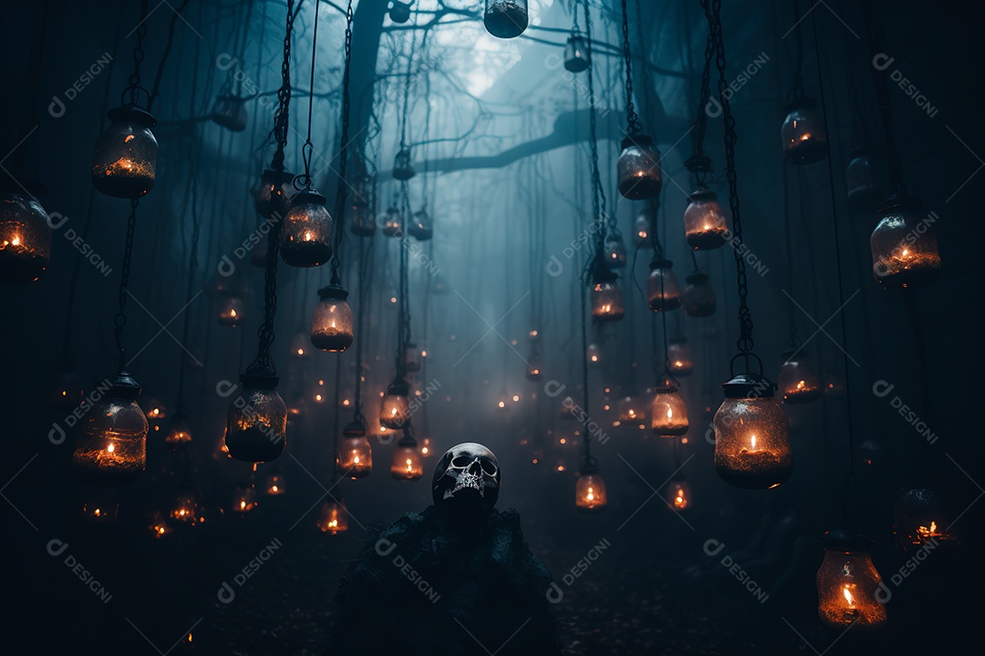 Uma noite escura e envolta em crânios de névoa espessa e densa com olhos brilhantes e hipnotizantes