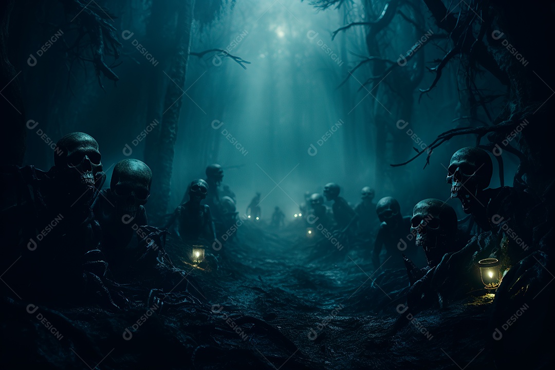 Uma noite escura e envolta em crânios de névoa espessa e densa com olhos brilhantes e hipnotizantes