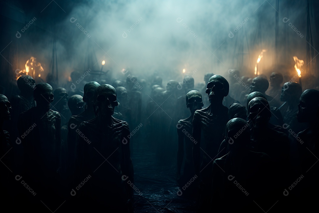 Uma noite escura e envolta em crânios de névoa espessa e densa com olhos brilhantes e hipnotizantes