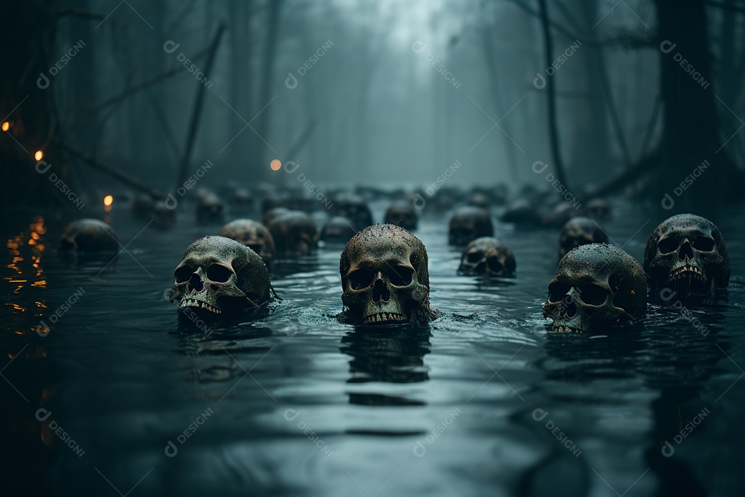 Uma noite escura e envolta em crânios de névoa espessa e densa com olhos brilhantes e hipnotizantes