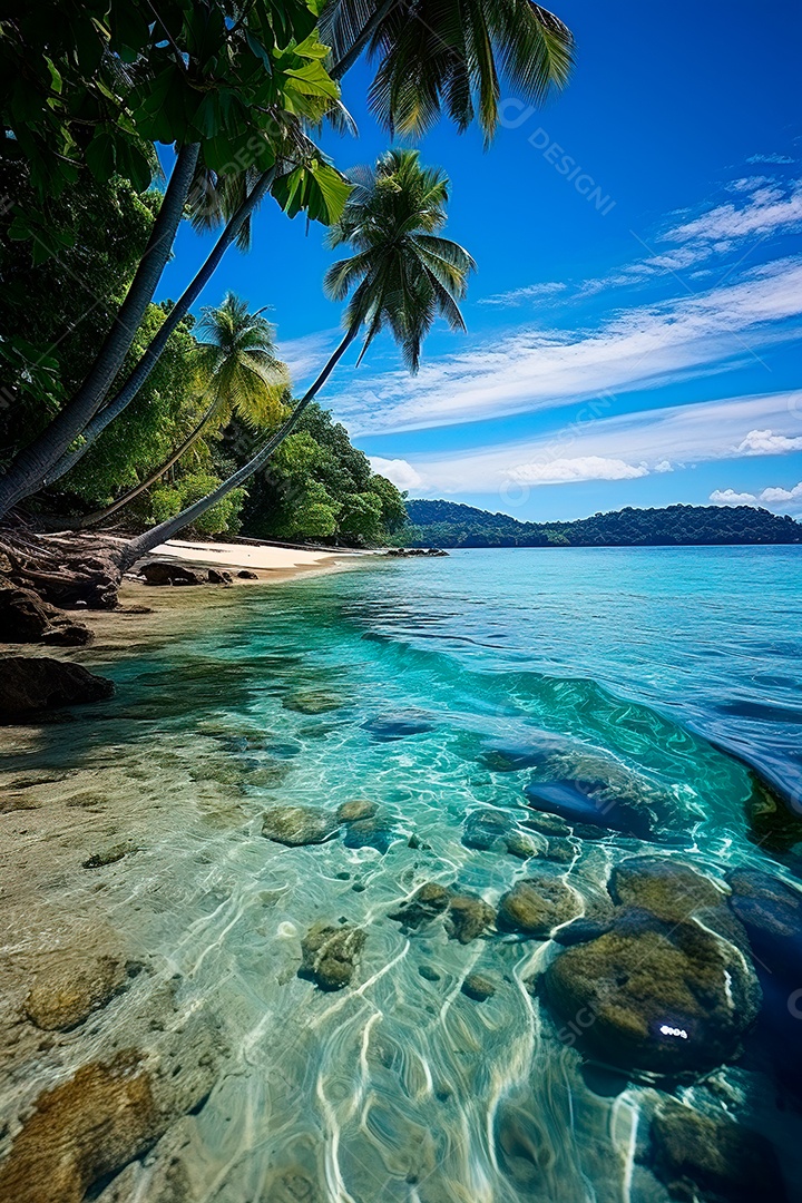 Fundo Praia serena e deserta, um oásis intocado onde as águas azuis encontram as areias douradas