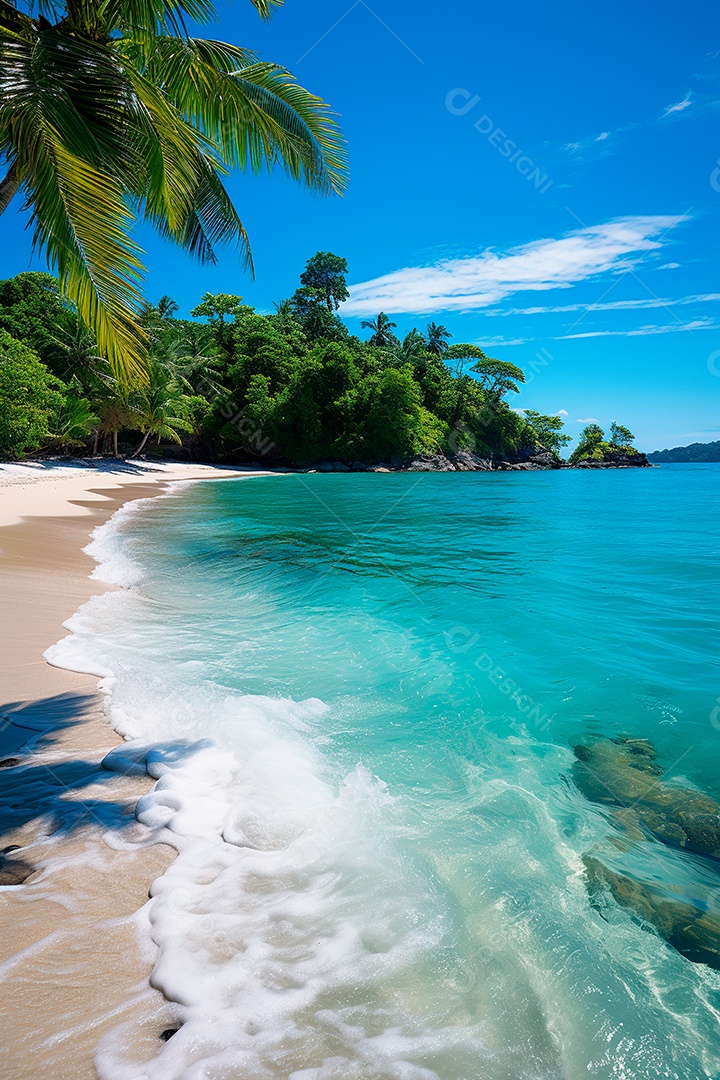 Fundo Praia serena e deserta, um oásis intocado onde as águas azuis encontram as areias douradas