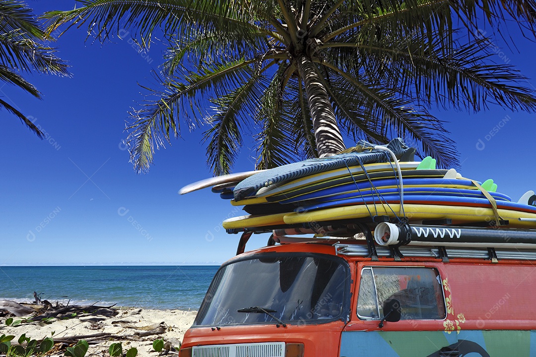 Combe com muitas pranchas em cima com fundo de praia