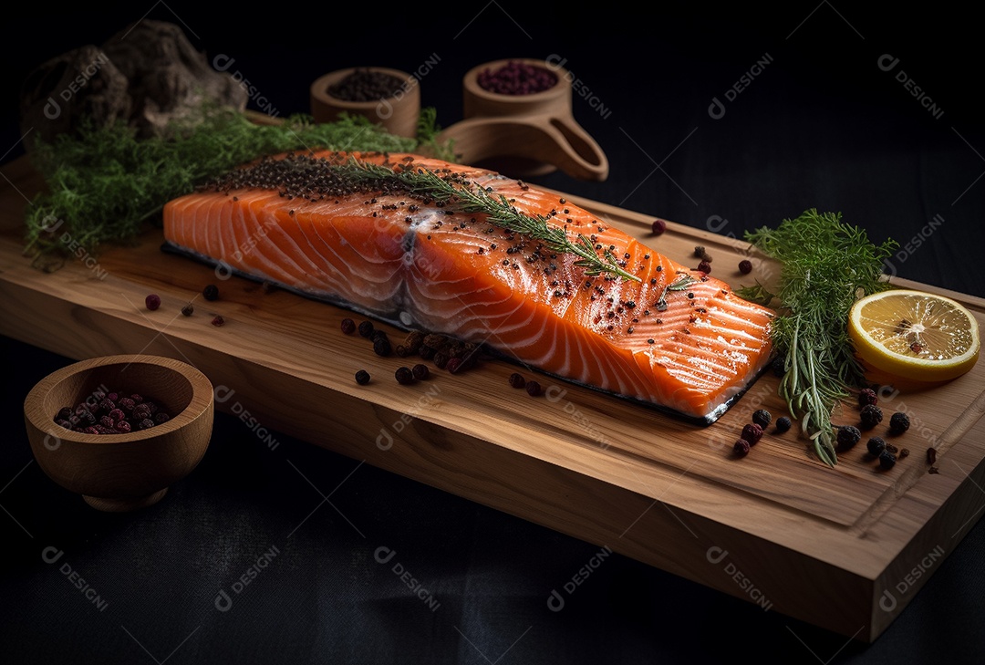 Salmão sobre uma tábua de madeira