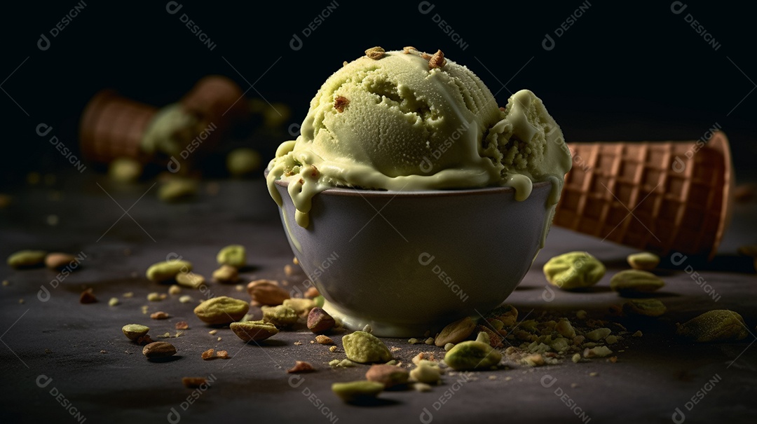 Delicioso sorvete de pistache em uma tigela na mesa