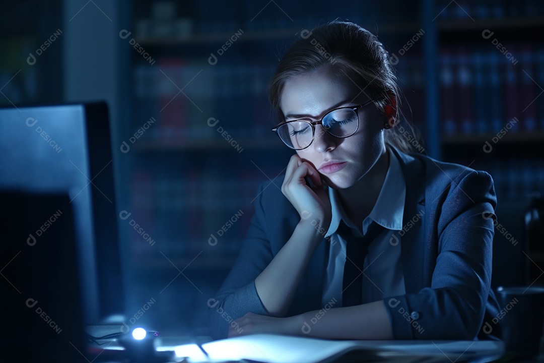 Estudante exausto cochilando em frente ao computador.