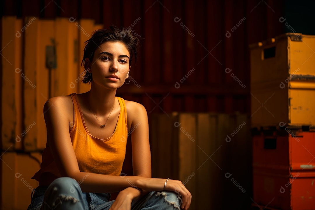 Mulher latina confiante de cabelo curto sentada em um hangar