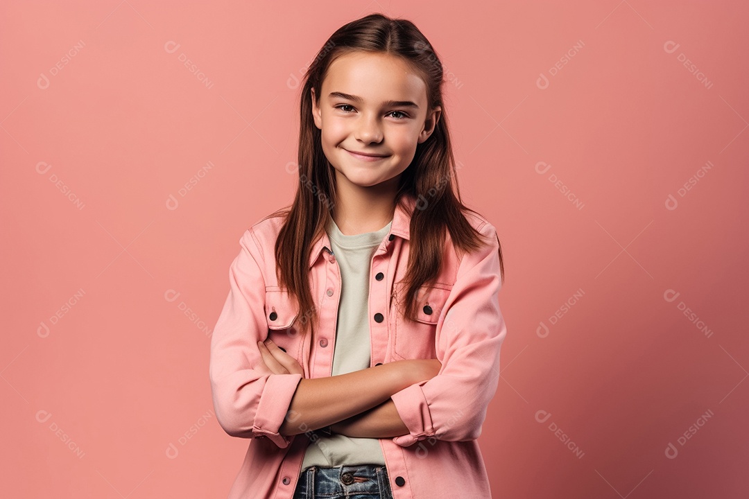 Criança sorrindo com os braços cruzados sobre um fundo rosa.