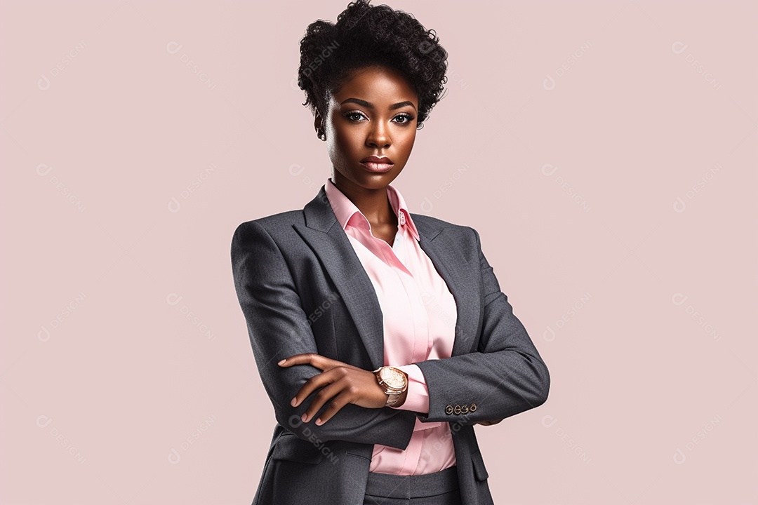 Mulher de negócios, cabelo afro, olhando para a câmera, braços cruzados sobre um fundo claro.