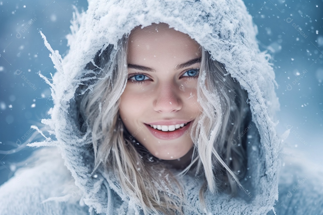 Linda mulher loira com chapéu de inverno, na neve, sorrindo.
