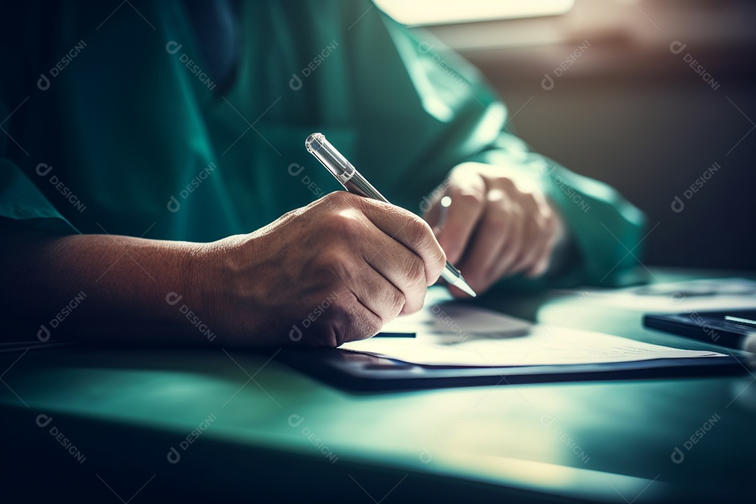 Detalhe da mão de um médico prescrevendo um medicamento.