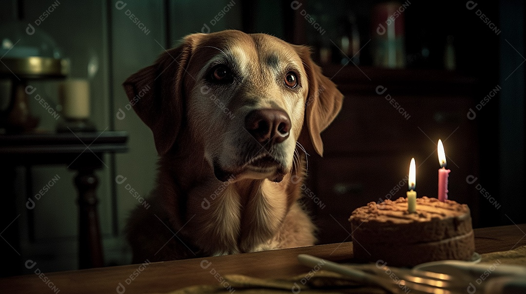 Um cachorro com seu bolo de aniversário.